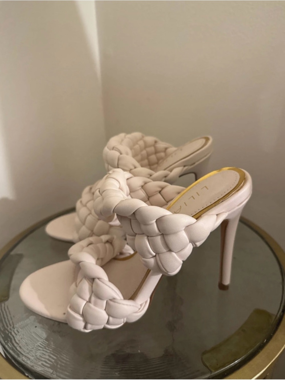White Braided High Heel Slide Sandals